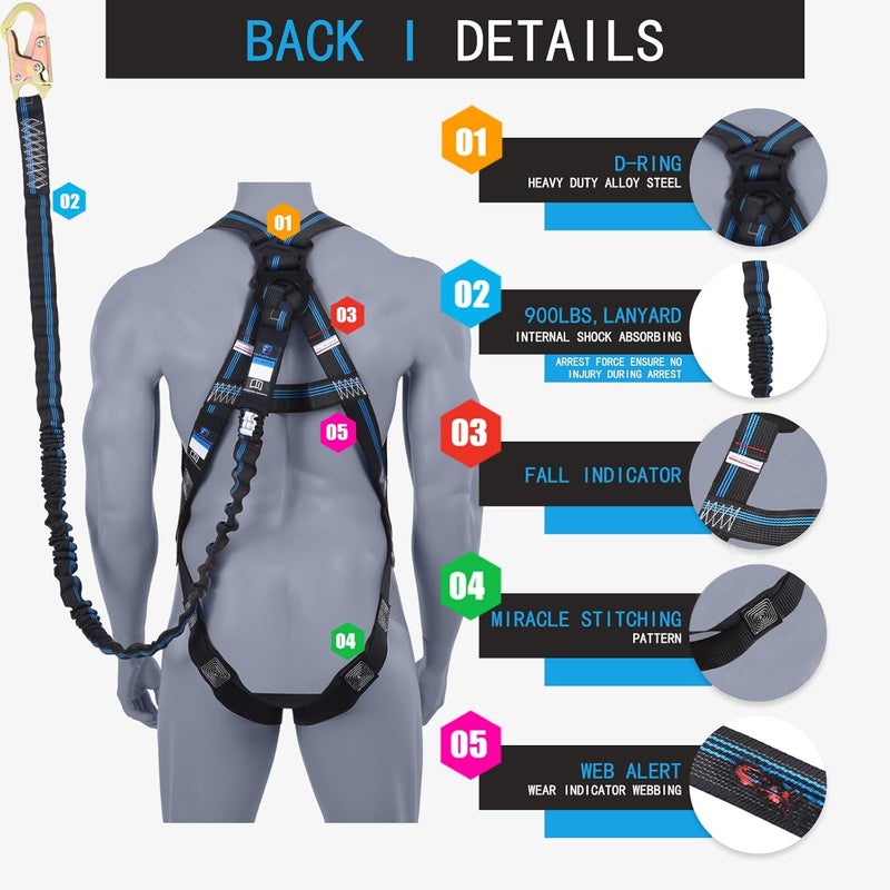 FHFallArrest Safety Harness Fall Protection Kit - 3 Pt Full Body Safety Harness with 6 FT Internal Shock Absorbing Lanyard & Snap Hook, for Roofing Construction & Scaffolding Use, ANSI OSHA Compliant - Image 3